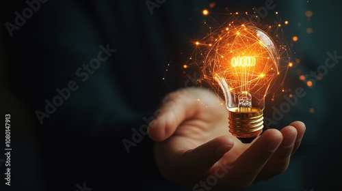 Hand holding a glowing light bulb with energy waves on a dark background, symbolizing an innovative idea and innovative technology in a business concept