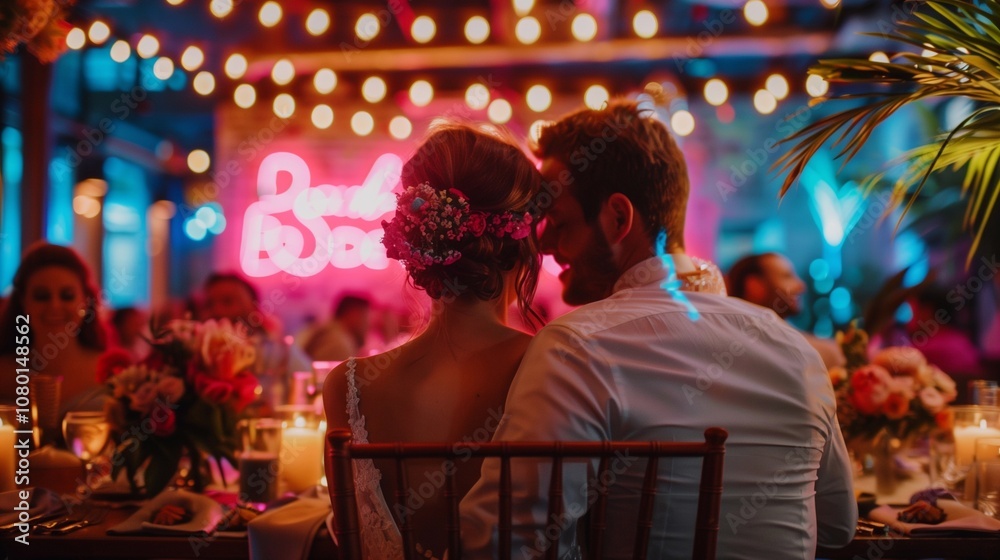 Fototapeta premium Couple enjoying a romantic moment with a neon sign at their wedding reception in a vibrant venue