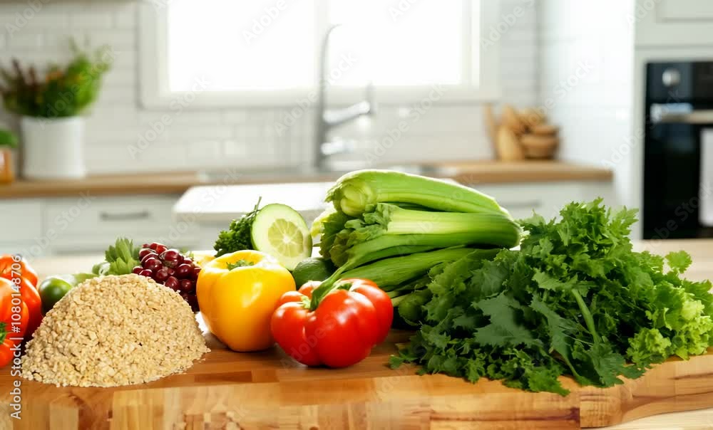 Fresh and Colorful Vegetables and Grains on Kitchen Countertop Broccoli, Celery, and Bell Pepper for Healthy Meal Preparation Fresh and Colorful Vegetables and Grains on Kitchen Countertop Broccoli, Celery, and Bell Pepper for Healthy Meal Preparation