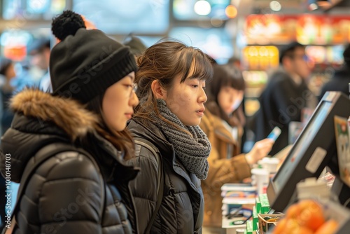 People waiting in line at a cash register in a busy store during evening hours