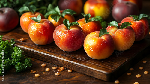 Fresh Peaches on Wooden Cut...