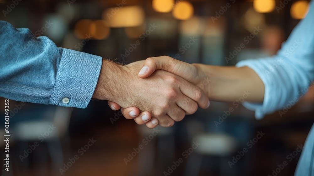 Two business professionals are shaking hands in a welcoming office environment after reaching an agreement for a small business loan Two business professionals are shaking hands in a welcoming office environment after reaching an agreement for a small business loan