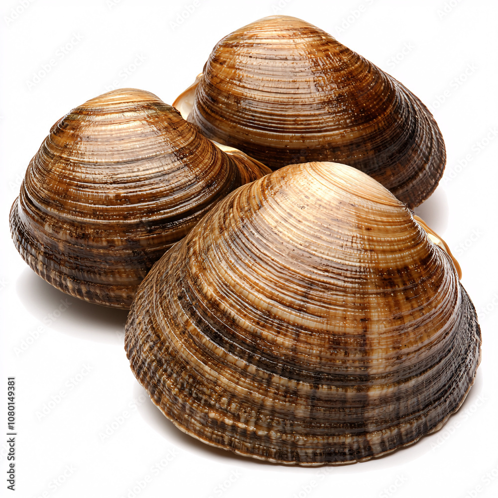 Three glossy, striped clams display their rounded shells, showcasing natural patterns and textures, ideal for culinary or decorative purposes. Three glossy, striped clams display their rounded shells, showcasing natural patterns and textures, ideal for culinary or decorative purposes.