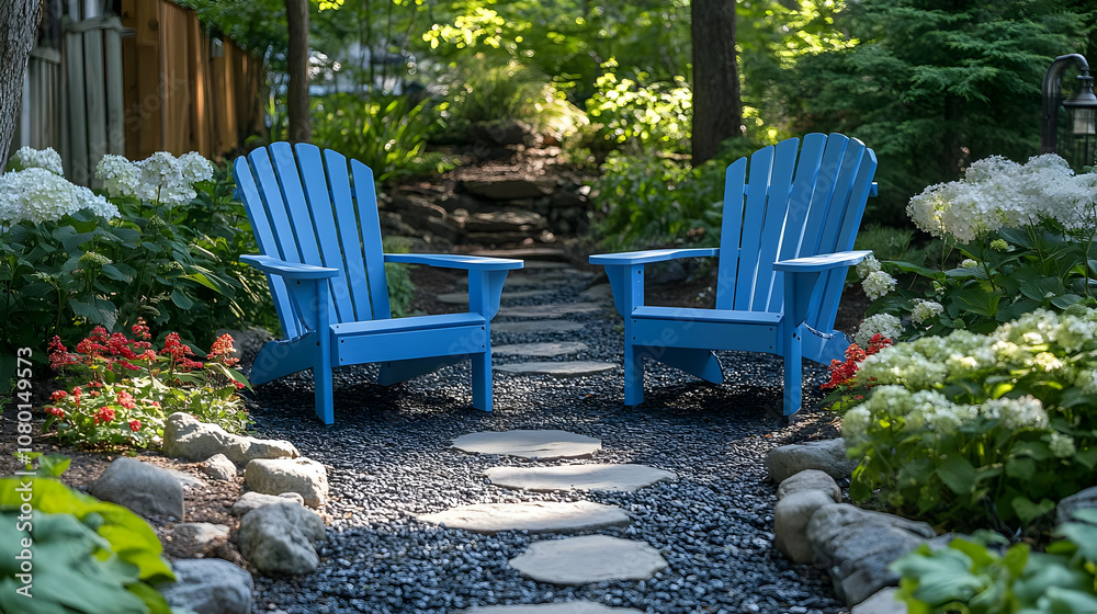 Blue Adirondack Chairs on a Stone Path - Photo