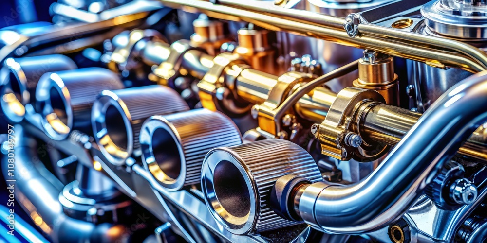 Close-up of Engine Parts Featuring Metal Tubes and Fittings, Highlighting Modern Automotive Engineering Design and Precision with Bright Lighting Effects Close-up of Engine Parts Featuring Metal Tubes and Fittings, Highlighting Modern Automotive Engineering Design and Precision with Bright Lighting Effects