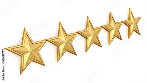  Five Golden Stars for Product Reviews, Rating Stars Isolated on White Background 