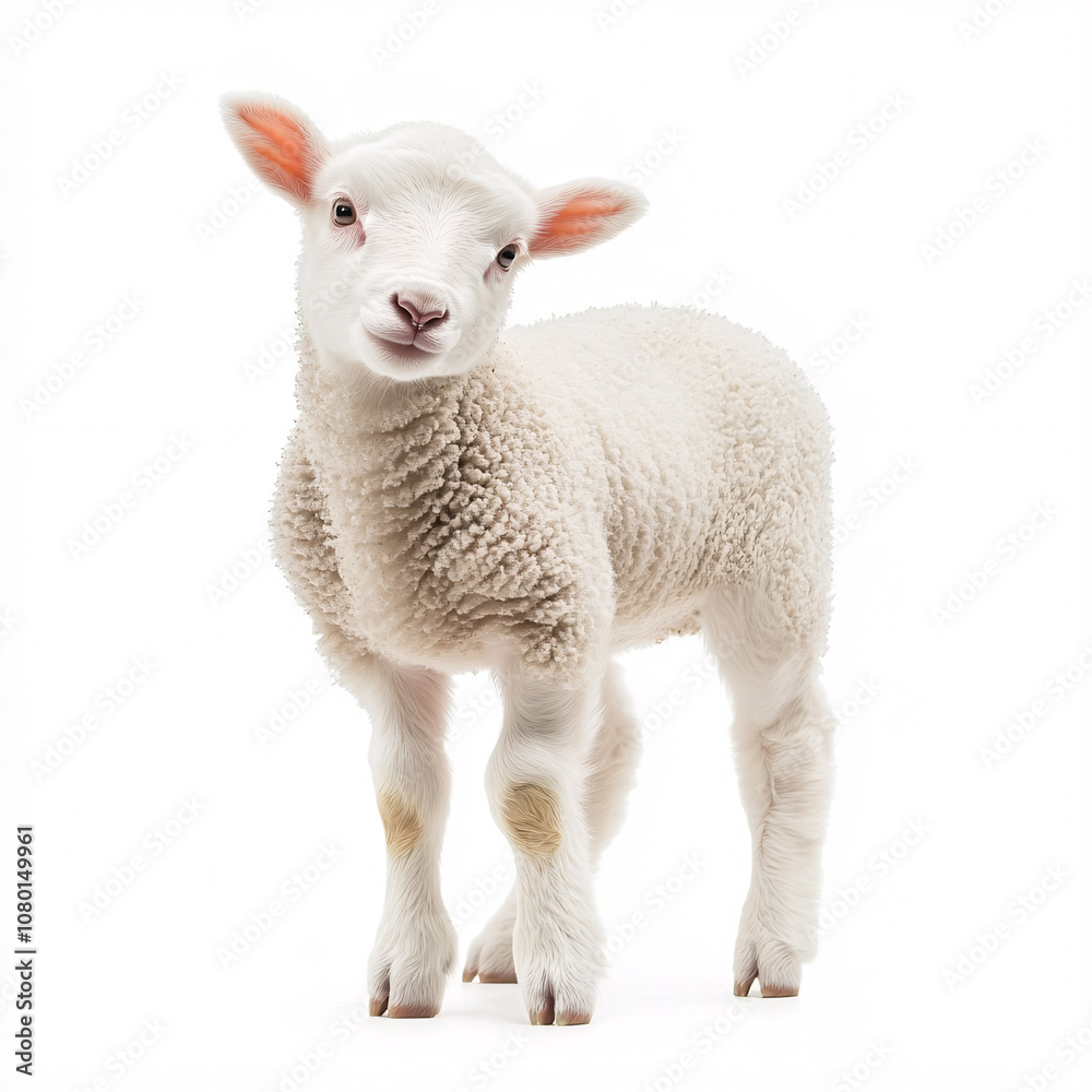 A cute, fluffy white lamb stands playfully, showcasing its soft wool and inquisitive expression. A cute, fluffy white lamb stands playfully, showcasing its soft wool and inquisitive expression.