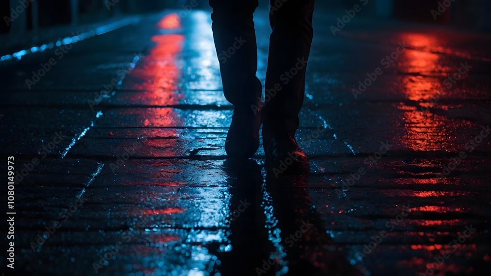 Walking Feet on Neon-Lit Urban Asphalt at Night