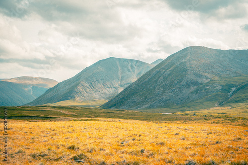 Mountain panorama of beautiful valley in Altai mountains. Altai Mountain range, North Altai, Gorny Altai republic, Russia.