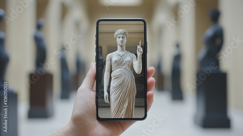 AR application mockup showing a virtual guide in a museum, with detailed 3D renderings on a smartphone