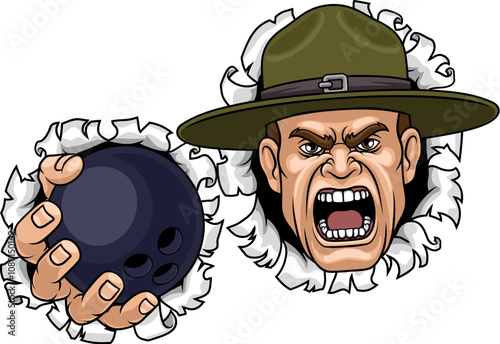 An angry drill instructor or sergeant bootcamp army soldier cartoon character holding bowling ball sports team mascot illustration.