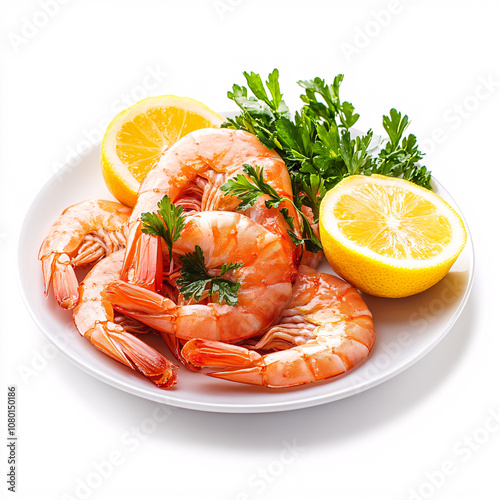 A plate of plump shrimp garnished with fresh parsley and lemon slices, showcasing a vibrant and appetizing seafood dish.