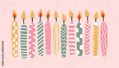 Birthday candle set isolated on pink background. Decorative elements for party, card, invitation. Vector illustration.