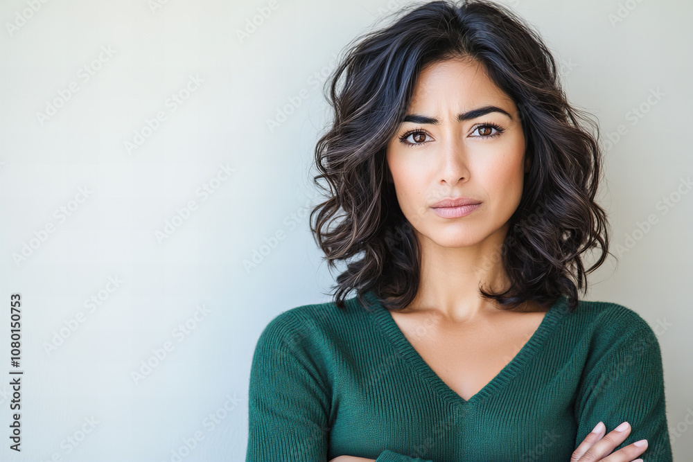 Young Woman in a Cozy Knit Sweater Showing Frustration with a Serious, Intense Expression, Arms Crossed in Defiance Against a Minimalist Indoor Background – Ideal for Relatable Emotion in Marketing Young Woman in a Cozy Knit Sweater Showing Frustration with a Serious, Intense Expression, Arms Crossed in Defiance Against a Minimalist Indoor Background – Ideal for Relatable Emotion in Marketing