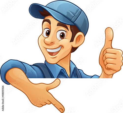A handyman, mechanic or painter decorator mascot man peeking around sign and pointing at it. Or perhaps an electrician, plumber or gardener. Could also be a window cleaner.