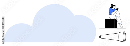 Woman reading while sitting on a black box next to a large light blue cloud and a telescope on the ground. Ideal for education, exploration, imagination, introspection, relaxation, astronomy