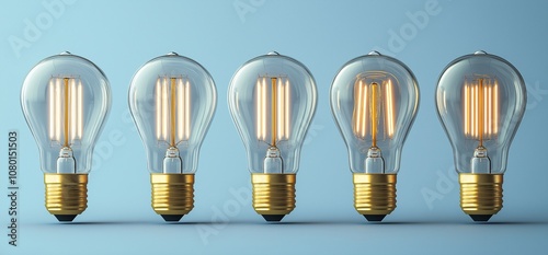 Set of vintage light bulbs with glowing golden filaments on a light blue background, vector illustration. Detailed character design