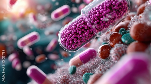 Various colorful pills and capsules are depicted floating amidst an abstract background, symbolizing medicine, health innovation, and the modern pharmaceutical industry.