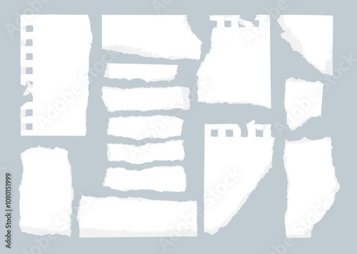 Set of pieces of torn paper isolated on background. Collection of ripped paper from notebook. Templates for list, speech bubbles