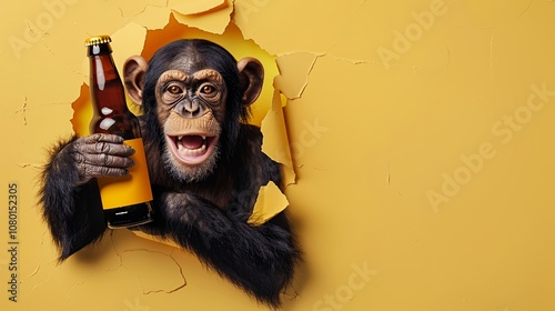 A mischievous chimpanzee holding beer bottle on a yellow background photo