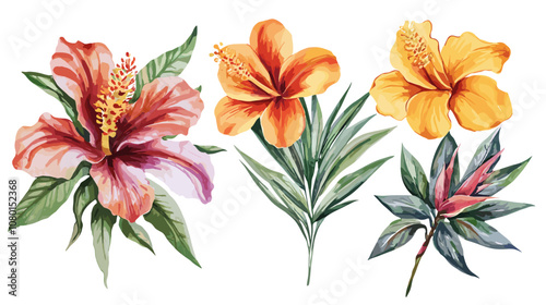 Bright tropical flowers isolated on white background. Botanical painting, watercolor illustrations yellow flower branch
