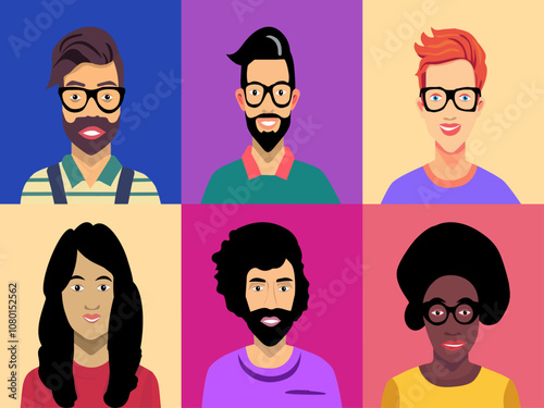 Retrato de multiples colores de personas de diferentes razas. Vector de personas diferentes etnias. Set de iconos de personas 