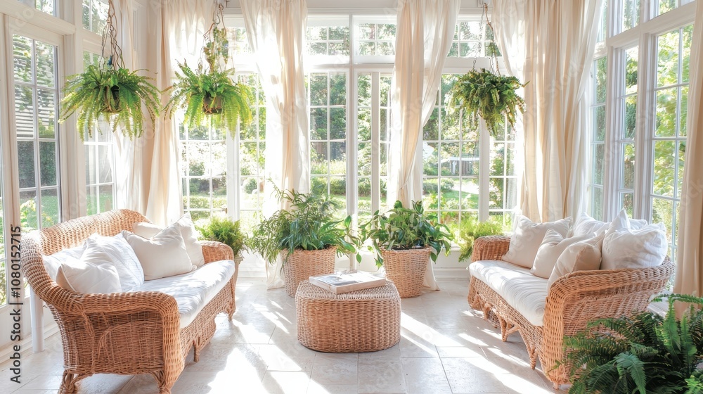 Fototapeta premium Bright and Airy Sunroom with Elegant Wicker Furniture and Lush Green Plants Surrounded by Large Windows Bathing the Space in Natural Light