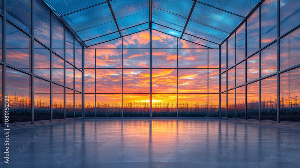 A serene greenhouse with glass walls reflecting a colorful sunset, creating a peaceful environment bathed in warm light. A serene greenhouse with glass walls reflecting a colorful sunset, creating a peaceful environment bathed in warm light.
