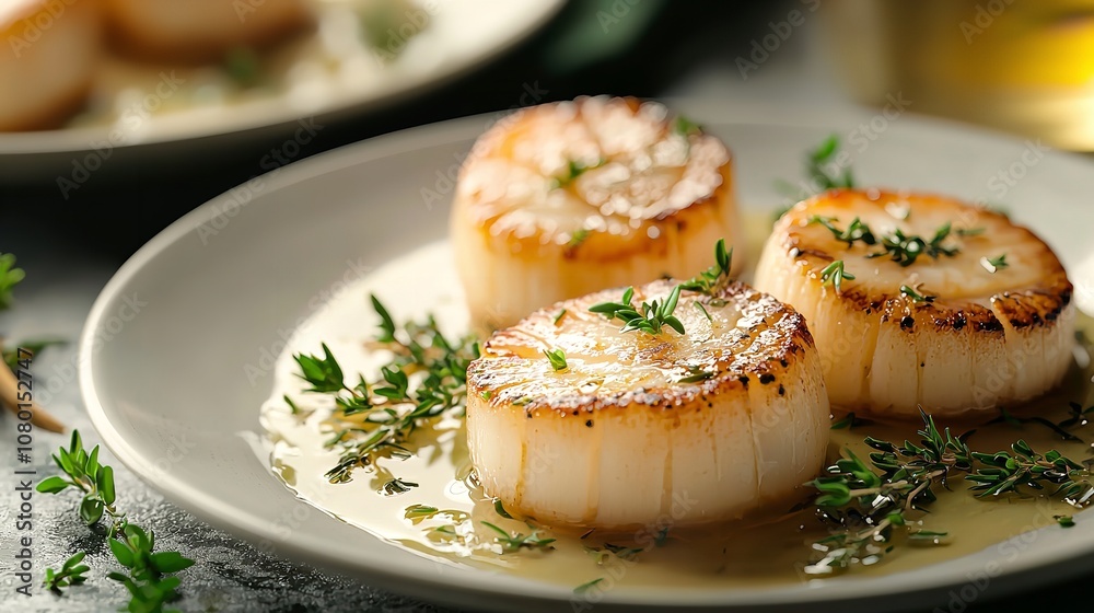 Seared Scallops in Herb Oil. Perfectly seared scallops garnished with herbs and spices, served in herb-infused oil. Seared Scallops in Herb Oil. Perfectly seared scallops garnished with herbs and spices, served in herb-infused oil.