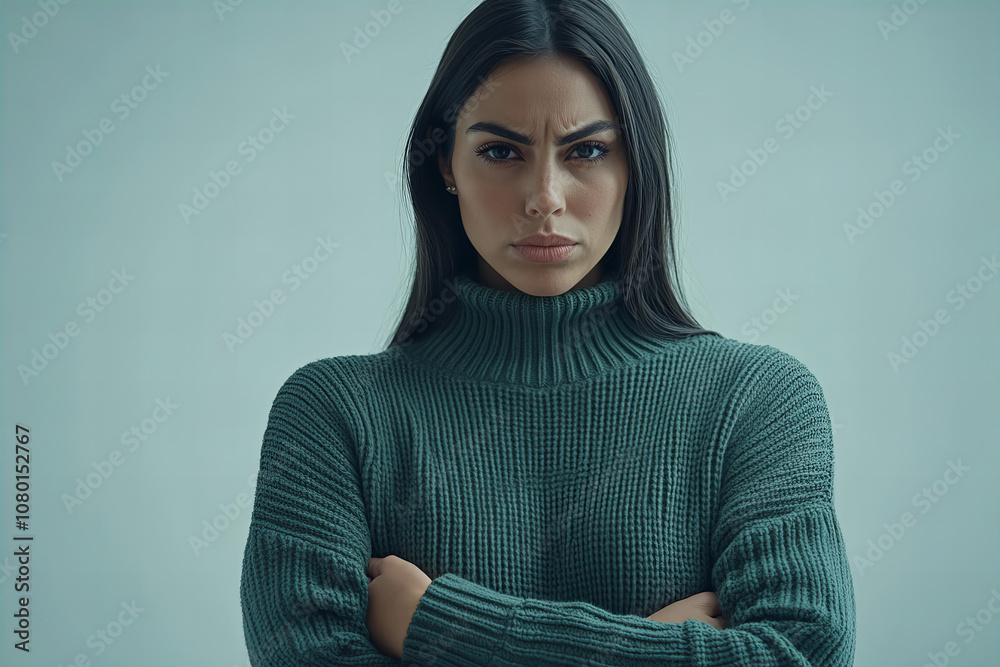 Young Woman in a Cozy Knit Sweater Showing Frustration with a Serious, Intense Expression, Arms Crossed in Defiance Against a Minimalist Indoor Background – Ideal for Relatable Emotion in Marketing Young Woman in a Cozy Knit Sweater Showing Frustration with a Serious, Intense Expression, Arms Crossed in Defiance Against a Minimalist Indoor Background – Ideal for Relatable Emotion in Marketing