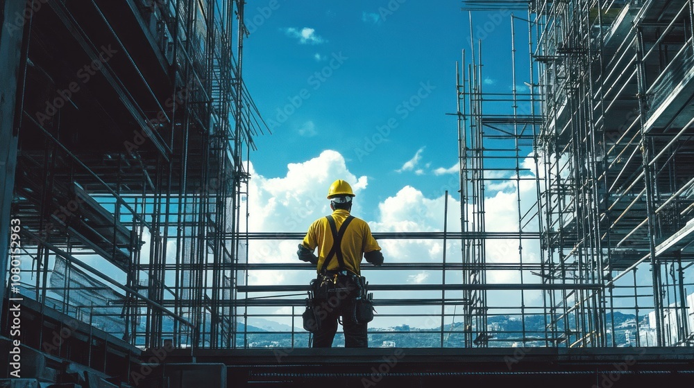 A dedicated worker stands confidently at a construction site, contemplating the skyline framed by scaffolding under a vibrant blue sky A dedicated worker stands confidently at a construction site, contemplating the skyline framed by scaffolding under a vibrant blue sky
