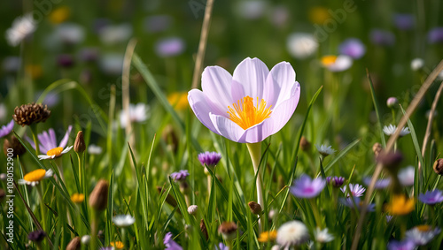 Pasque flower in a spring meadow, with every blade of grass and wildflower around it rendered in incredible detail, creating a lifelike nature scene photo