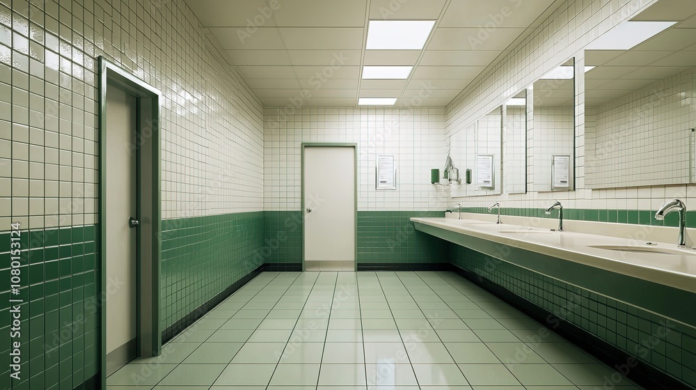 Obraz premium Pristine restroom with clearly sanitized counters and mirrors