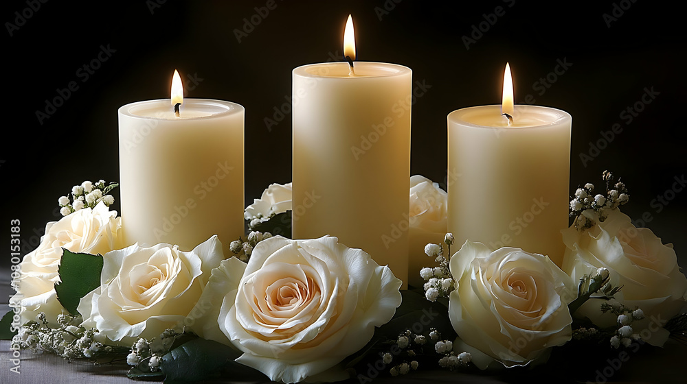 Three Burning Candles with White Roses - Realistic Image Three Burning Candles with White Roses - Realistic Image