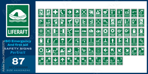 87 set iso emergency and first aid safety signs v38_liferaft_portrait size a4/a3/a2/a1