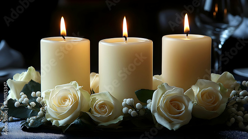 Three Candles and White Ros...