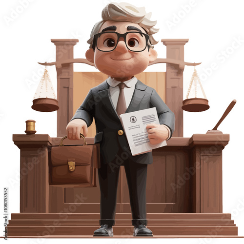 3D illustration of a judge holding a clipboard and a gavel.eps