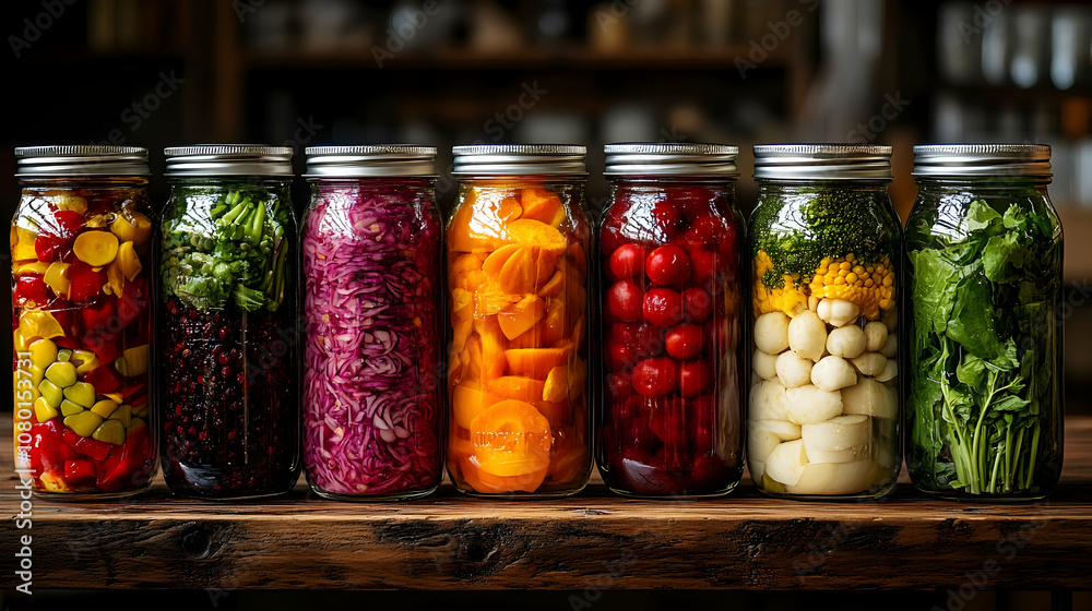 Colorful Jars of Pickled Vegetables - Photo Colorful Jars of Pickled Vegetables - Photo