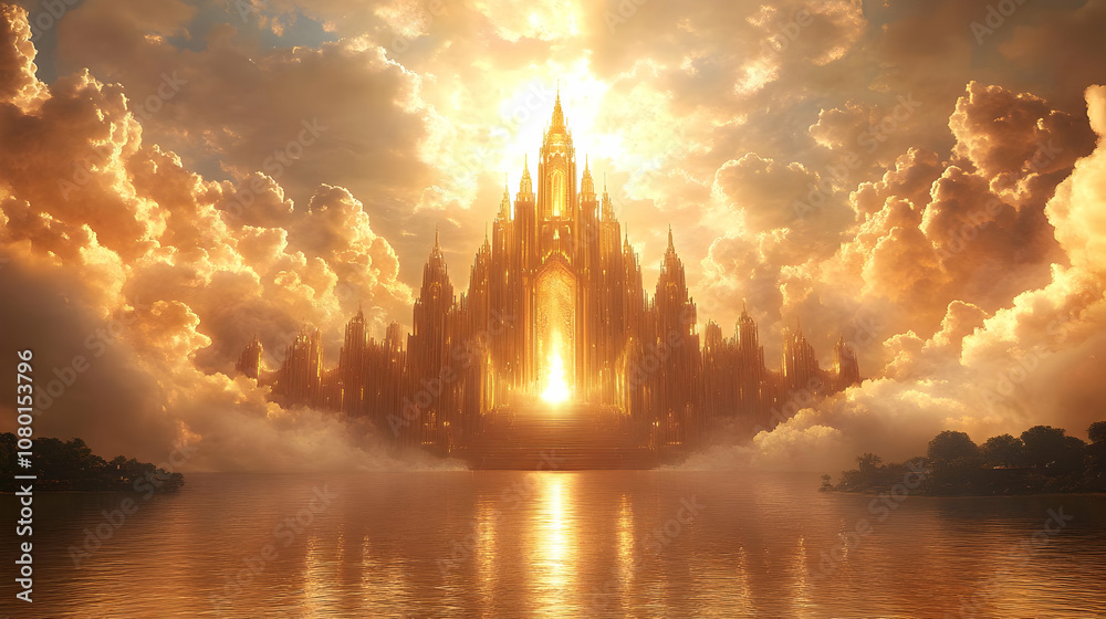 Fototapeta premium Golden City in the Clouds - Illustration