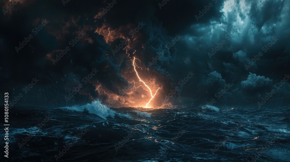 Dramatic Lightning Strikes Over Chaotic Ocean Waves Beneath Ominous Storm Clouds, Creating a Powerful and Captivating Natural Scene Dramatic Lightning Strikes Over Chaotic Ocean Waves Beneath Ominous Storm Clouds, Creating a Powerful and Captivating Natural Scene