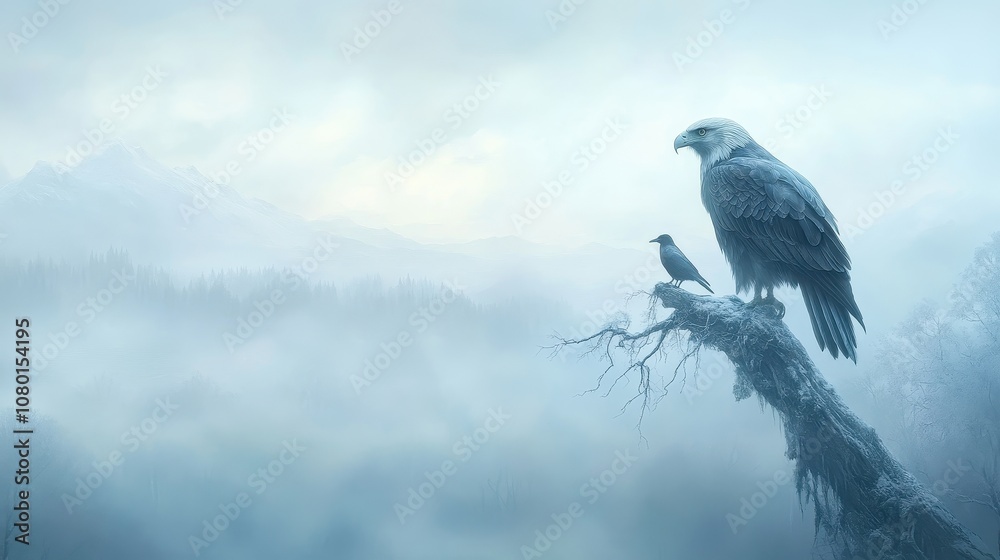 Fototapeta premium A large eagle is perched on a branch in front of a mountain range