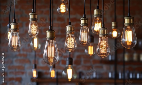 Vintage light bulbs hanging in an old-fashioned interior design, creating a warm and inviting atmosphere