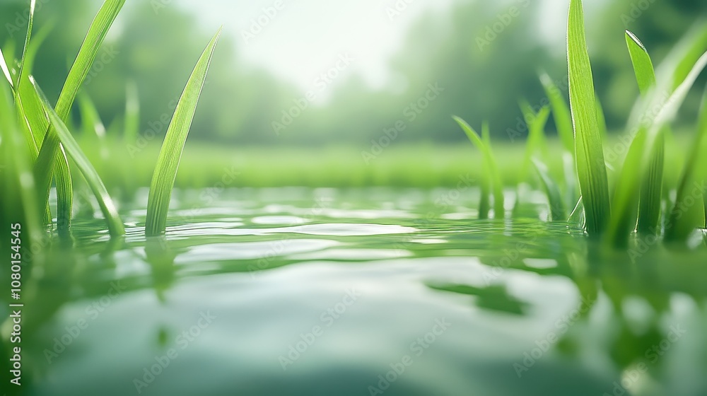 Obraz premium A close up of a body of water with green grass growing on the edge