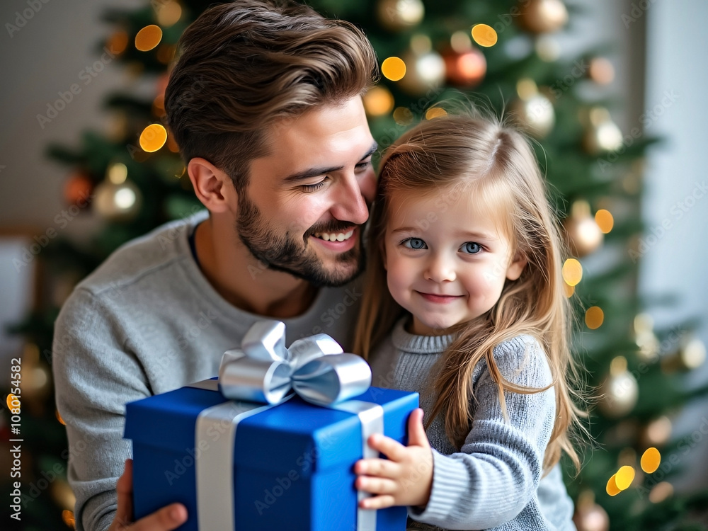 Happy young toddler girl receiving a blue gift box with silver bow from her father on Christmas morning