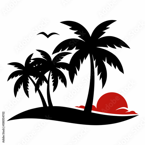 Tropical beach silhouette vector illustration on white background