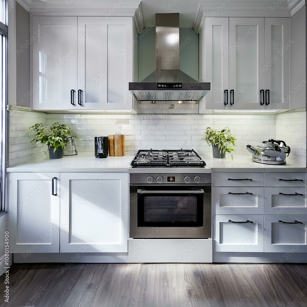 front facing realistic built in kitchen. photo of a kitchen with a hood, hob and oven where you an see the full appliances. white kithen front facing realistic built in kitchen. photo of a kitchen with a hood, hob and oven where you an see the full appliances. white kithen