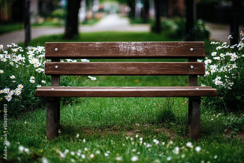 A wooden bench sits in a park, surrounded by green grass and white flowers. The bench is empty, waiting for someone to come sit and enjoy the peaceful surroundings