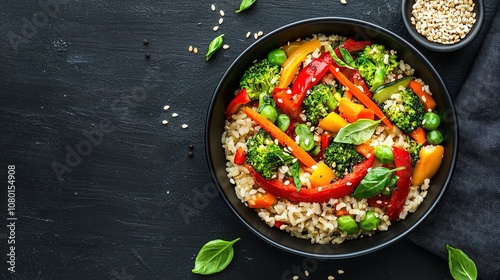 Rainbow vegetable stir-fry with bell peppers, broccoli, and carrots on a bed of brown rice