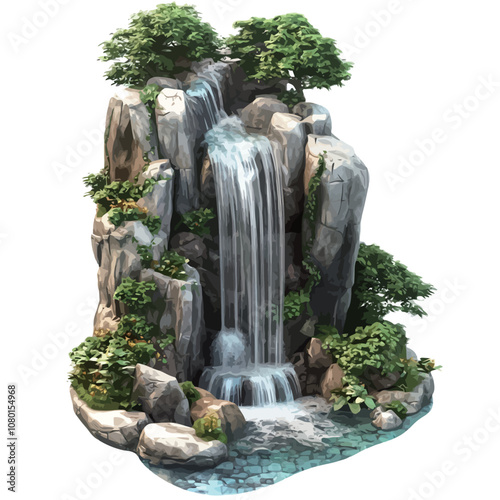 3d rendering of a waterfall in a garden isolated on white background.eps