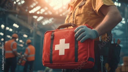 A worker holding a first aid kit, symbolizing safety and preparedness in an industrial environment.